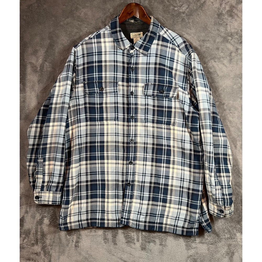 VTG LL Bean Shacket Mens Large Blue Plaid Fleece Lined Shirt Jacket